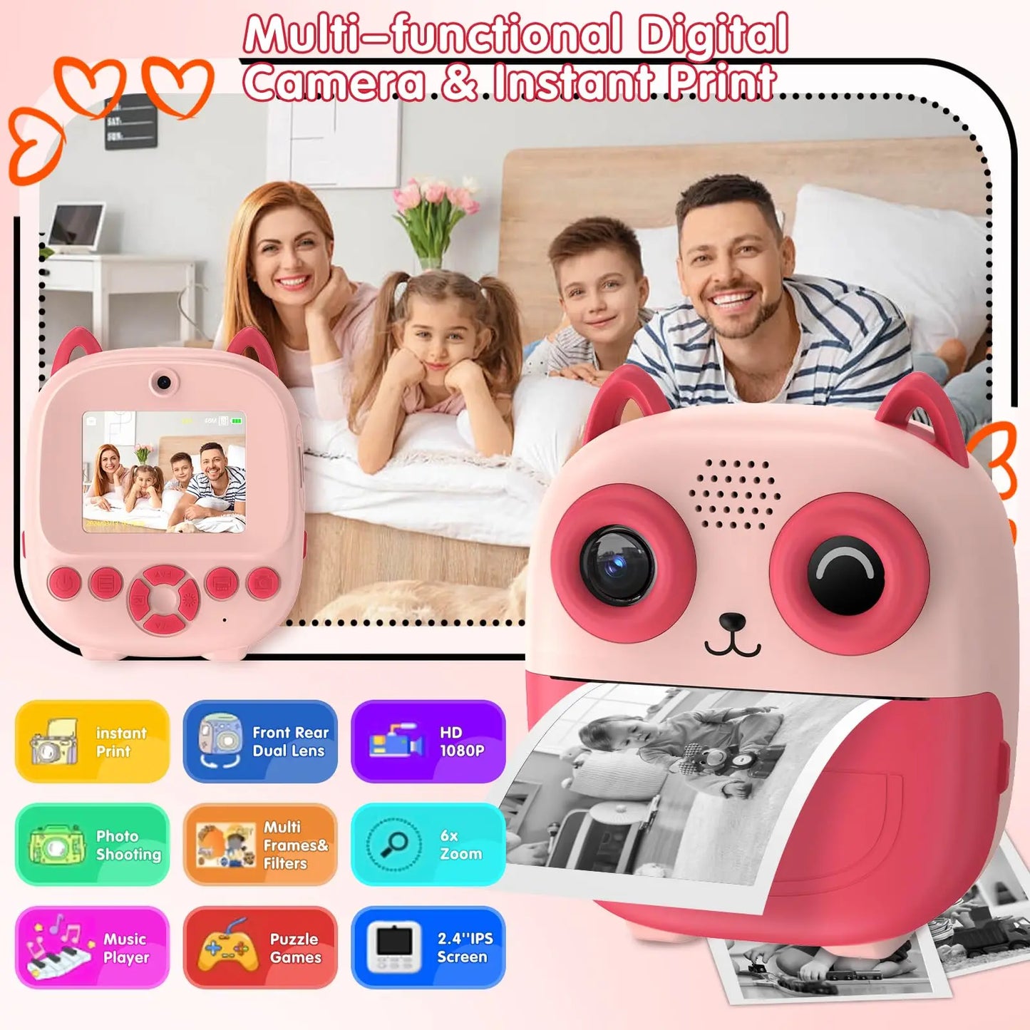 Caméra à impression instantanée, appareil photo multifonctionnel pour tout-petits avec impression de photos instantanée, appareil photo numérique à écran HD de 2,4 pouces pour Photo
