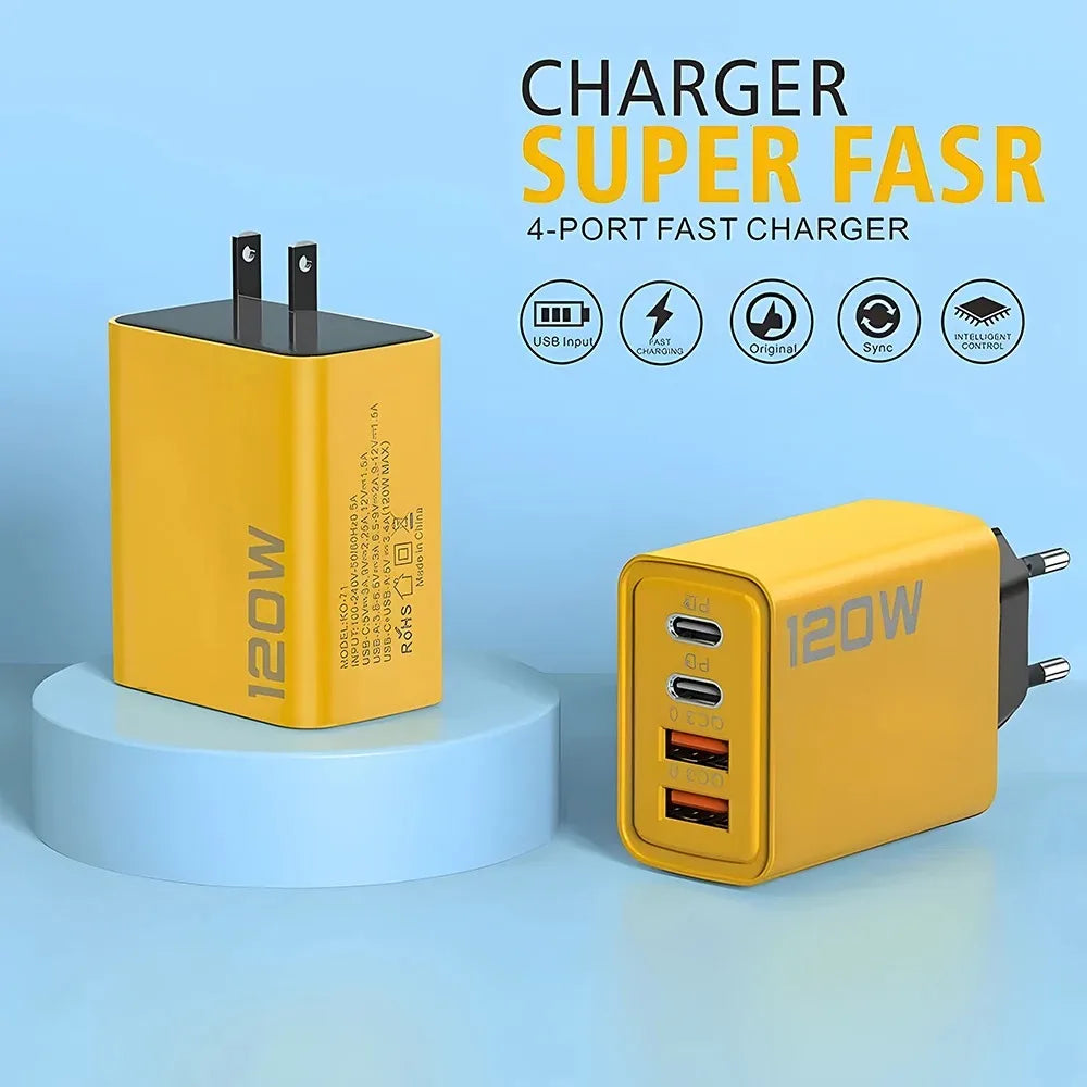 Total 120W USB Fast Charger 4 Ports PD Quick Charge USB 3.0 Type C EU US UK Plug Universal Wall Charger USB C Charging Adapter