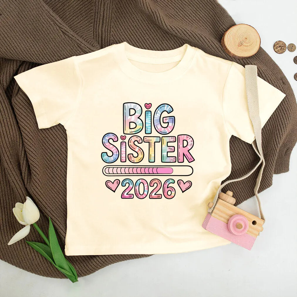 T-shirt enfant grande sœur 2026 — annonce de grossesse, rétro, manches courtes, tenue d'été