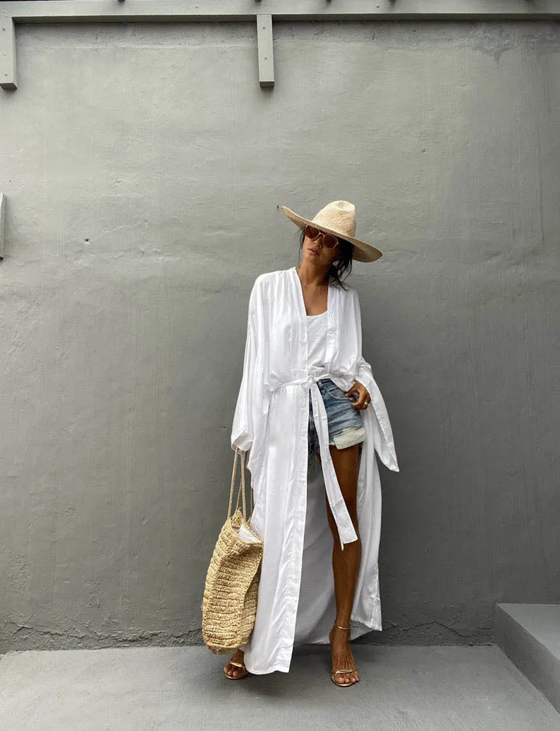 Robe de Plage Longue avec Ceinture pour Femme, Kimono Sexy, Cardigan d'Été, 5 Couleurs Unies