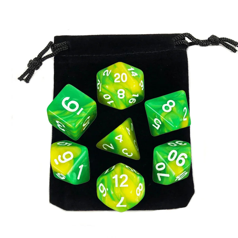 Dés polyédriques avec sac — jeu de société, jeu de rôle, d4, d6, d8, d10, d12, d20, 7 pièces
