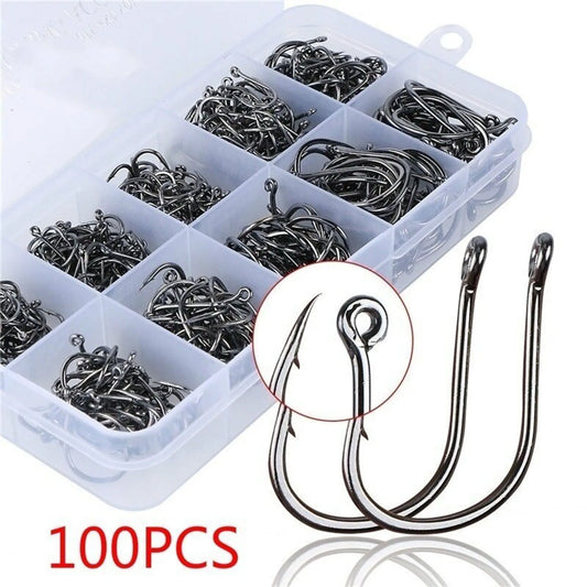 100 pièces d'hameçons de pêche en acier inoxydable, hameçons de pêche en carbone avec boucle, hameçons pointus à barbelures, ensemble d'hameçons de pêche en boîte, accessoires de pêche en mer