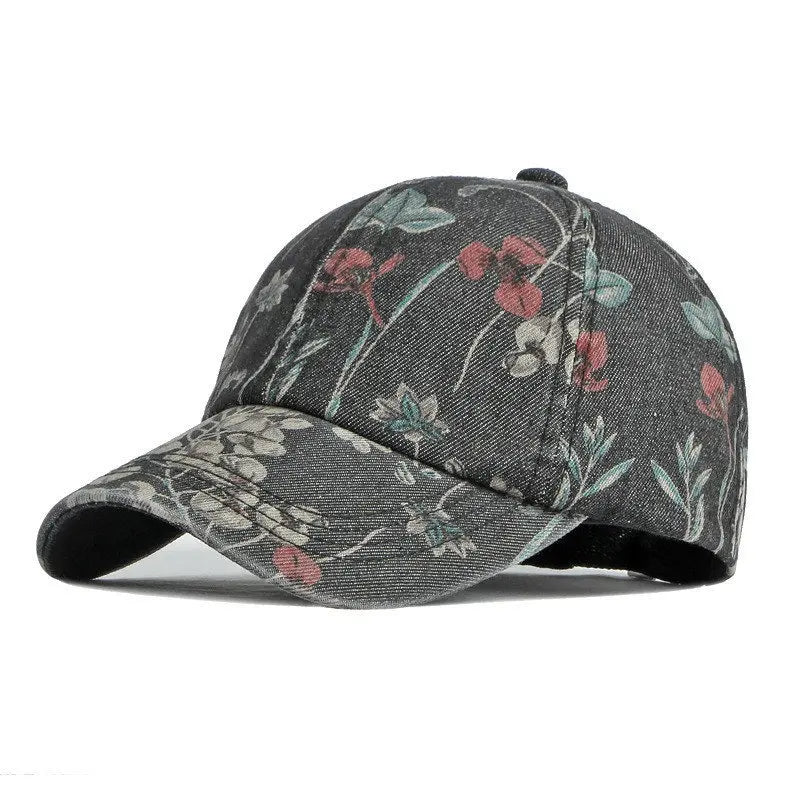 Casquette de baseball en denim à imprimé floral — snapback réglable, extérieur, printemps
