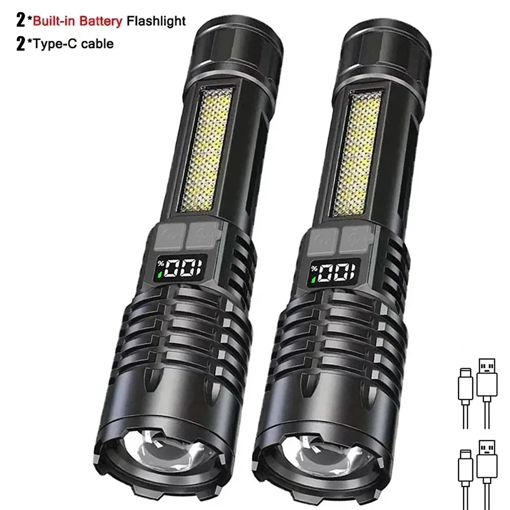 Lampe de poche LED haute puissance, torche étanche rechargeable de Type C avec lumière latérale COB, lampe d'extérieur Portable avec Zoom pour Camping et randonnée