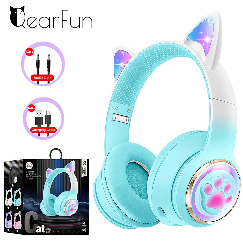 RGB Cat Ear Wireless Headphones for PC, Cute 3D Space Capsule Bluetooth Headset, Foldable Gaming Headphone, Gifts for Kids Girls