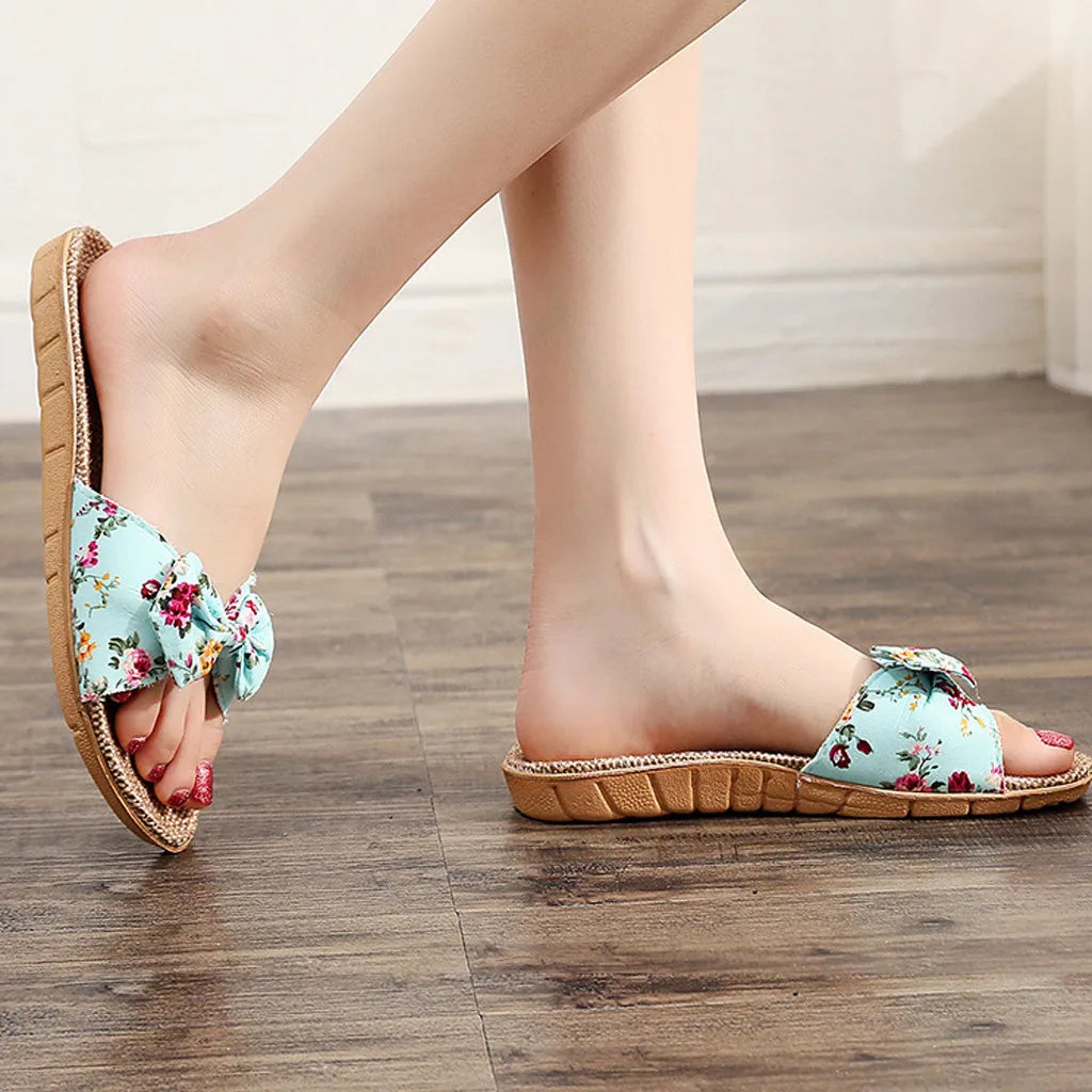 Women's Linen Flip-Flops with Bowknot, Beach Shoes, Slippers