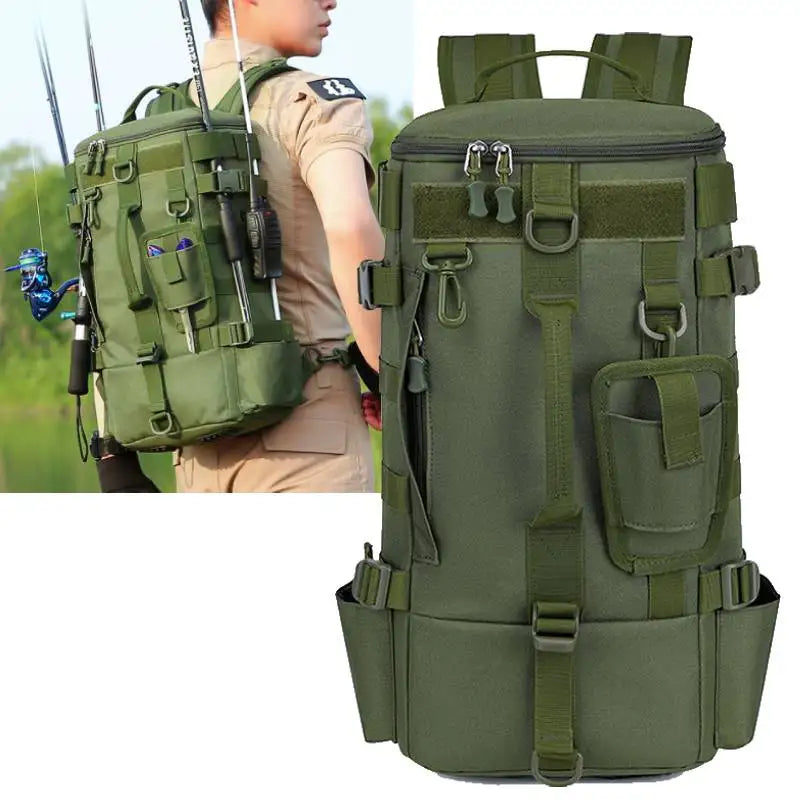 Sac à dos de pêche tactique, sac de matériel avec porte-canne, rangement d'équipement de poisson Molle Camping randonnée sac multifonctionnel en plein air