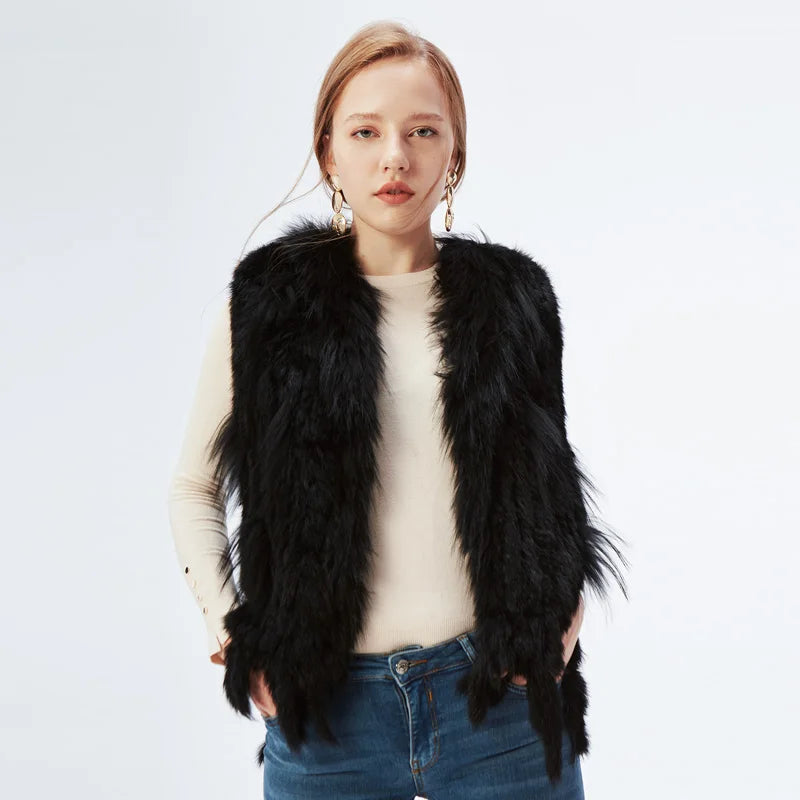 Gilet à glands en véritable fourrure de lapin tricoté — vintage, garniture fourrure raton laveur