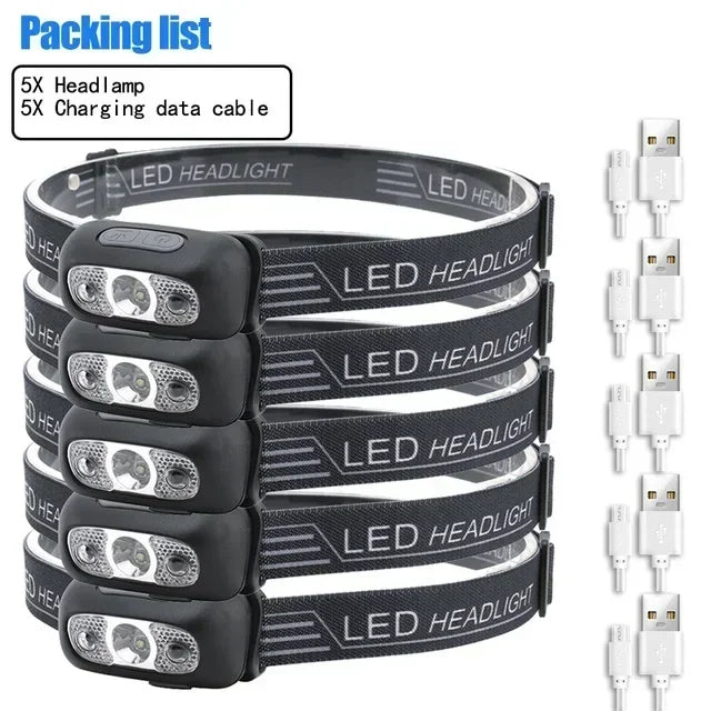 Lampe frontale puissante à LED portable avec capteur, rechargeable par USB, lampe torche frontale pour camping, pêche, lanterne d'urgence