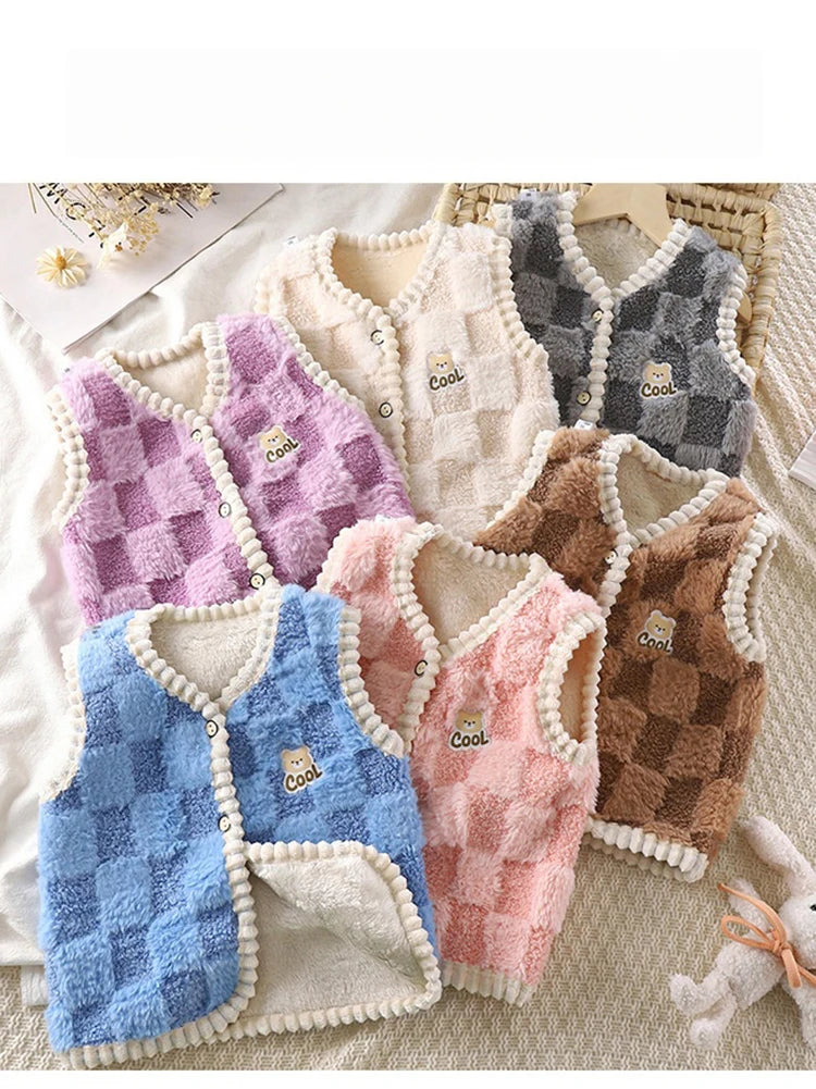 Manteau polaire pour enfants, Gilet chaud Double épaisseur, motif à carreaux, pour garçons et filles, vêtements d'extérieur sans manches, automne et hiver