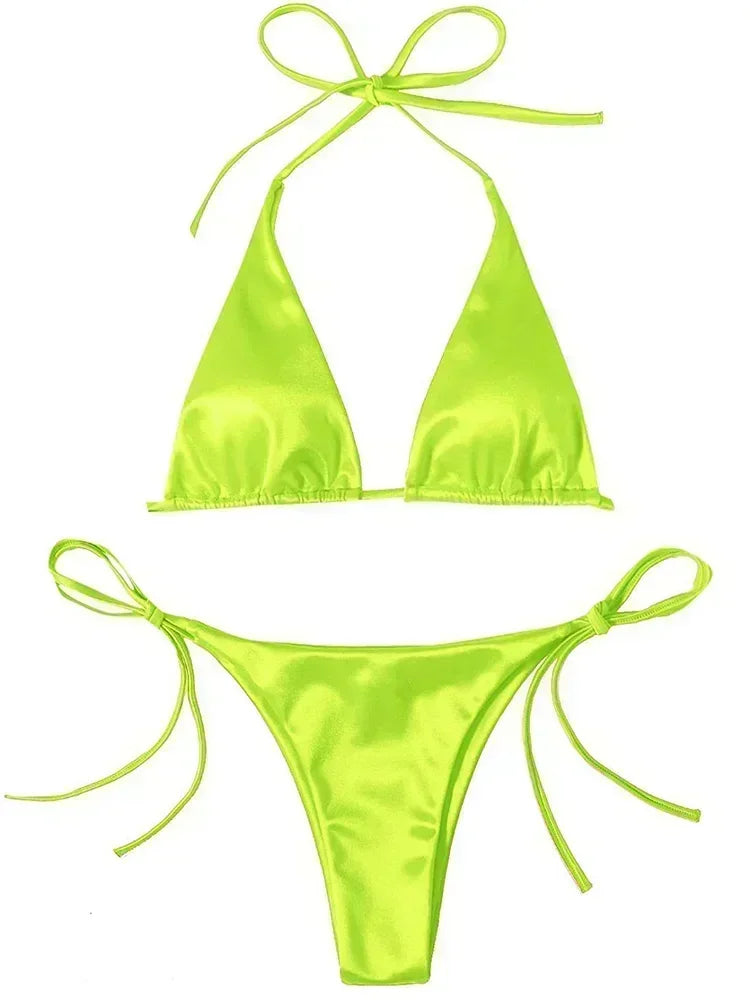 Licou brésilien métallique Satin Bikini femmes maillots de bain femme maillot de bain deux pièces Bikini ensemble coupe haute maillot de bain maillots de bain