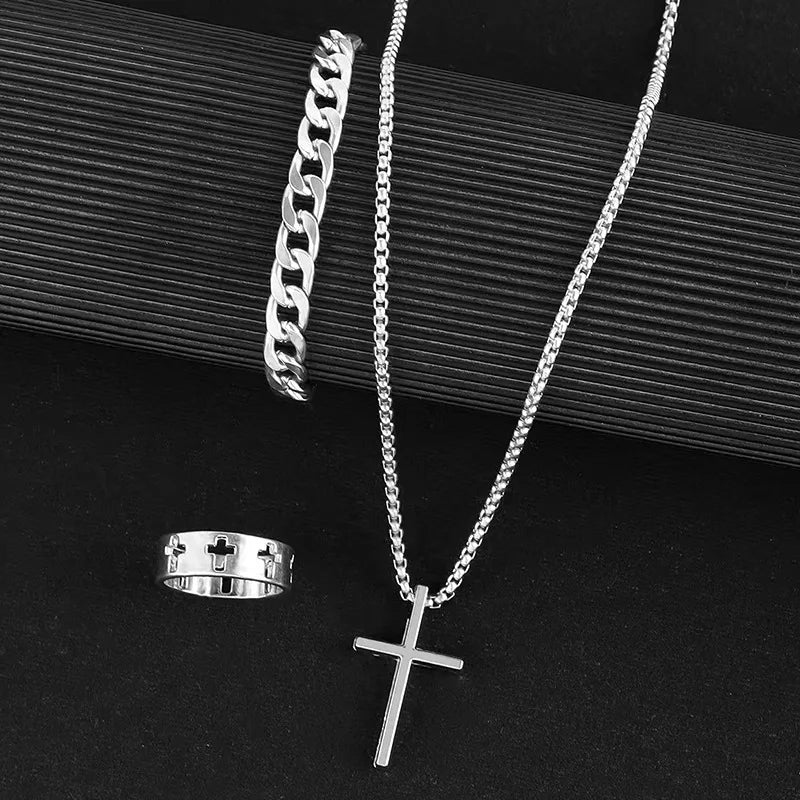 Superventas Nuevo set de joyas cruzadas de 3 piezas | Collar, pulsera, anillo de cadena | Accesorios de moda religiosa para mujeres y hombres, uso diario y regalo
