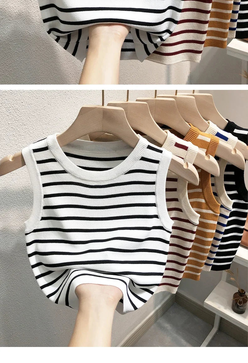 Débardeurs rayés tricotés sans manches pour femme, collection Printemps-Été 2026, style crop top, coupe ajustée élastique, décontracté, pull-over, camisole