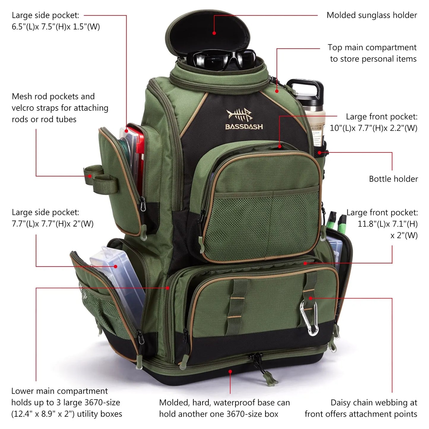 Bassdash Multifonctionnel De Pêche Sac À Dos Léger Tactique Doux S'attaquer Boîte avec Housse De Protection Pluie