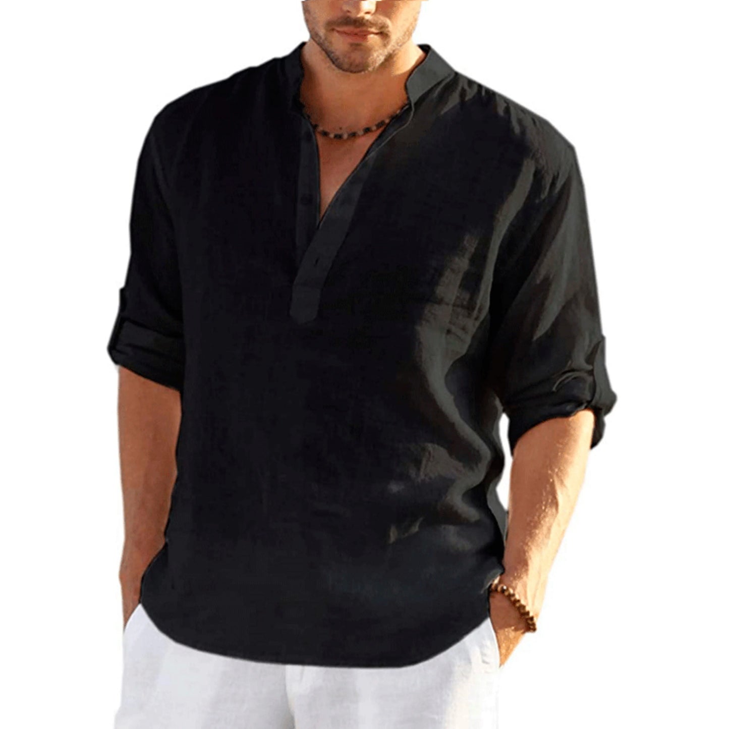 Chemise Coton Ample Homme — Col Montant Manches Longues Mode Ajustée