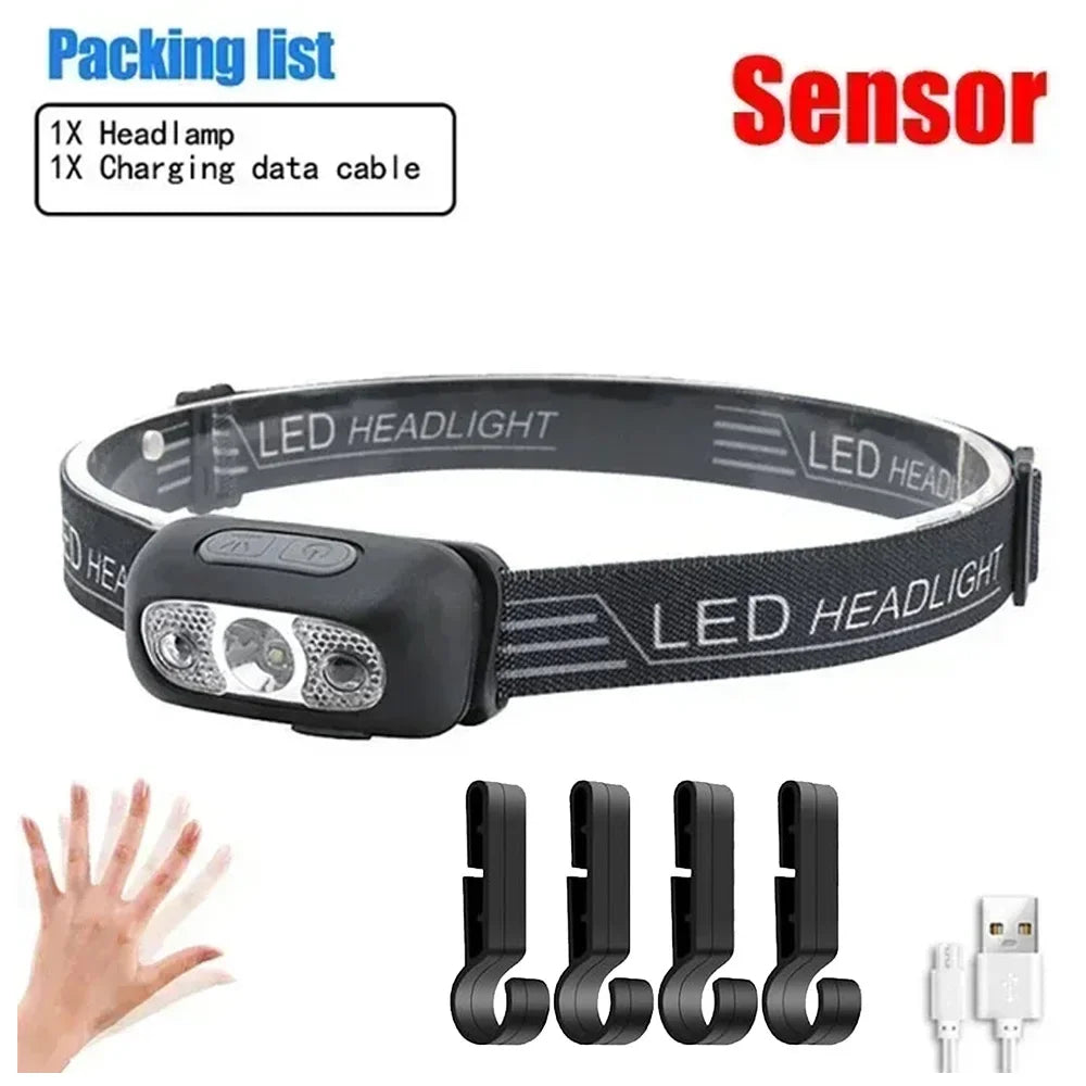 Lampe frontale puissante à LED portable avec capteur, rechargeable par USB, lampe torche frontale pour camping, pêche, lanterne d'urgence