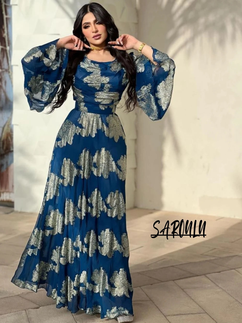 Abaya dorure bleu robe de soirée Takchita Festival fête Date une ligne perlée décontracté en mousseline de soie personnalisé délicat bal O cou robe