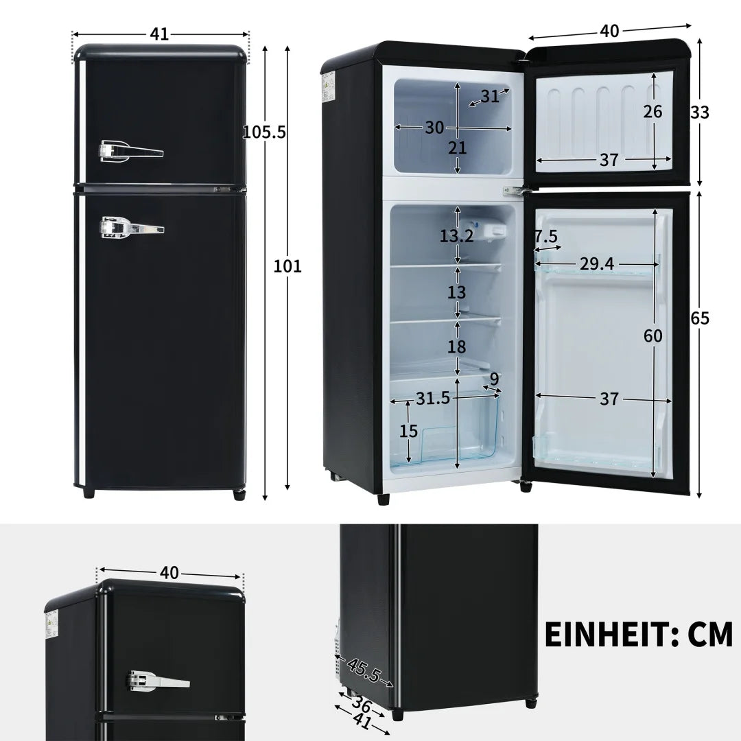 Frigorífico y congelador combinados, 105,5 cm de alto, 41 cm de ancho, doble puerta, volumen total 92 litros, capacidad del congelador 28 litros