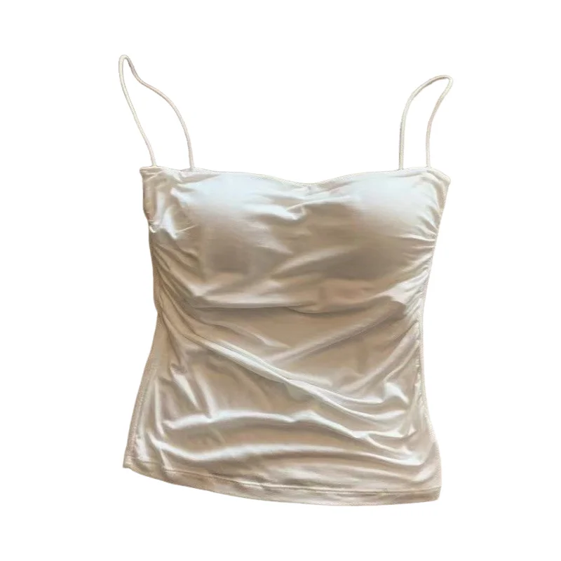 Débardeur plissé sans manches pour femme, coupe ajustée, style sexy, court, avec fines bretelles, couleur unie, simple et tendance