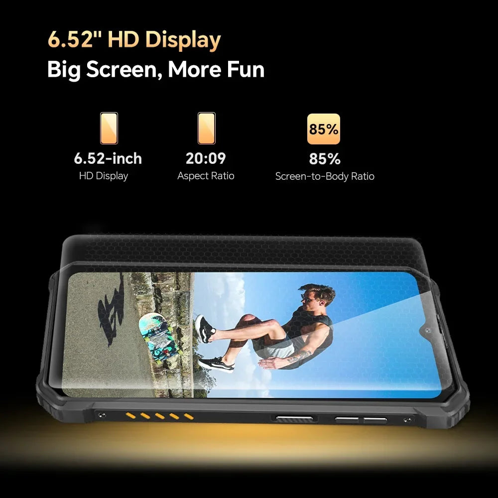 Téléphone robuste 6,52 pouces — octocœur, 8 Go RAM, 256 Go, 10 600 mAh, caméra 13 MP, Android 14, NFC