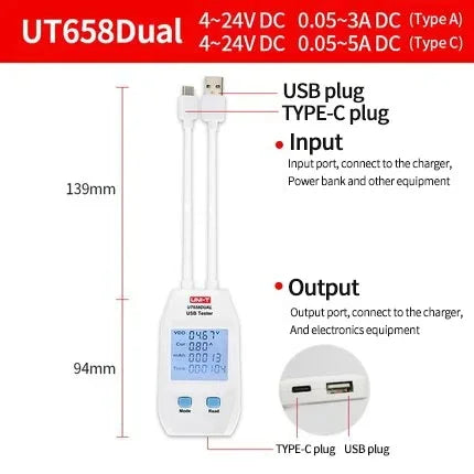 Testeur USB chargeur Type A/C — charge rapide, mesure courant, capacité, résistance, puissance