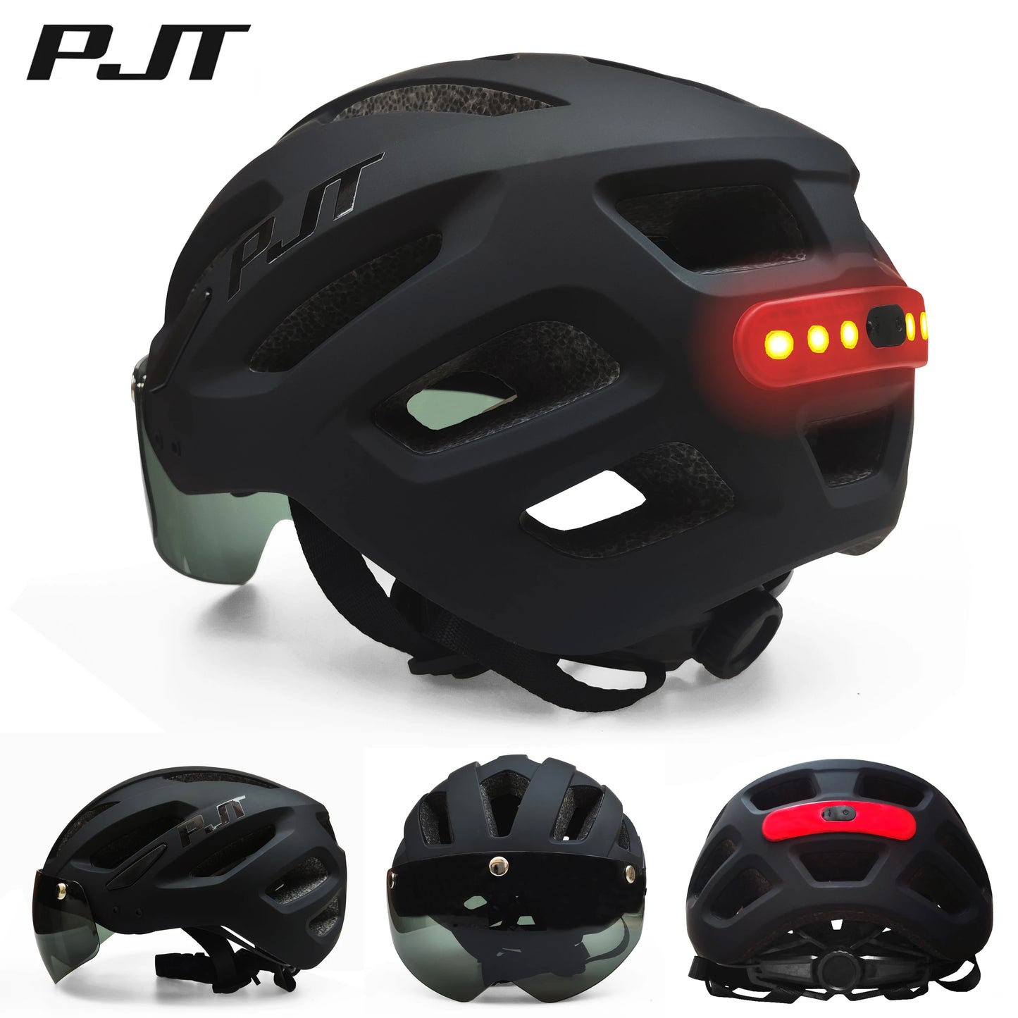 Casque vélo avec feu arrière LED USB rechargeable — lunettes de soleil intégrées, cyclisme route/VTT