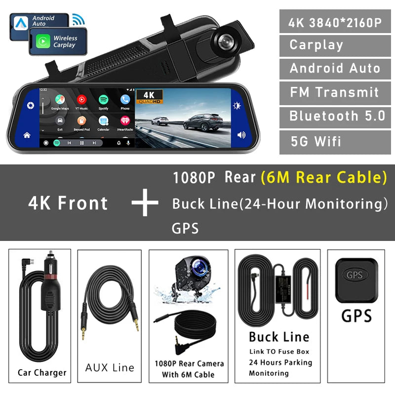 Dashcam 10" 4K GPS 5G WiFi — Rétroviseur Flux AUX Enregistreur FM