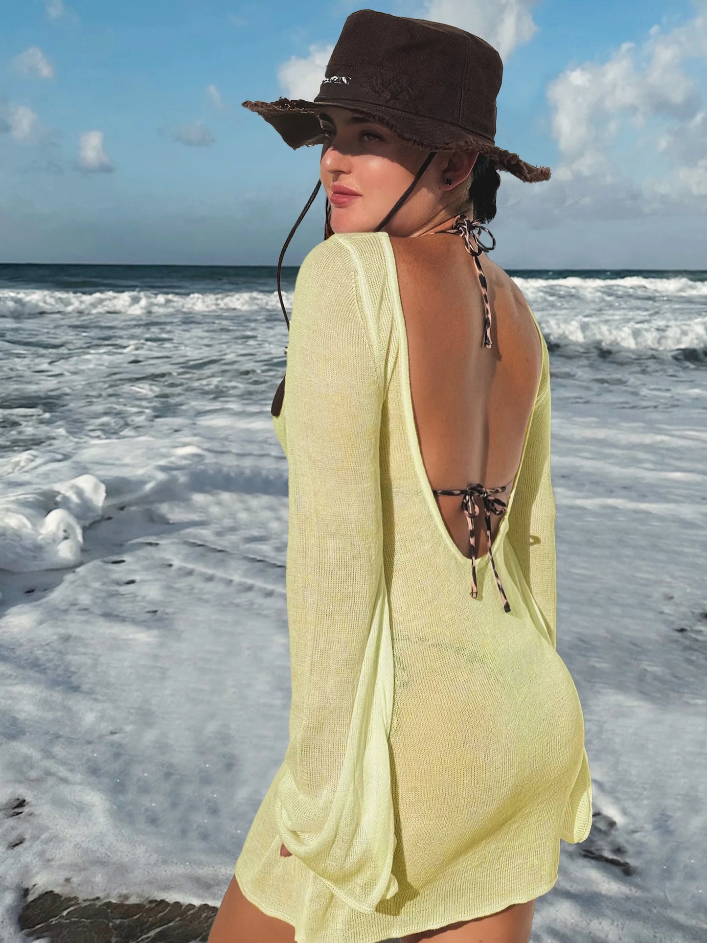 Robe de plage en tricot transparent pour femmes, dos nu, manches cloche, couleur unie, coverups de bain, élégante, col rond, mini, été, 2025, K98