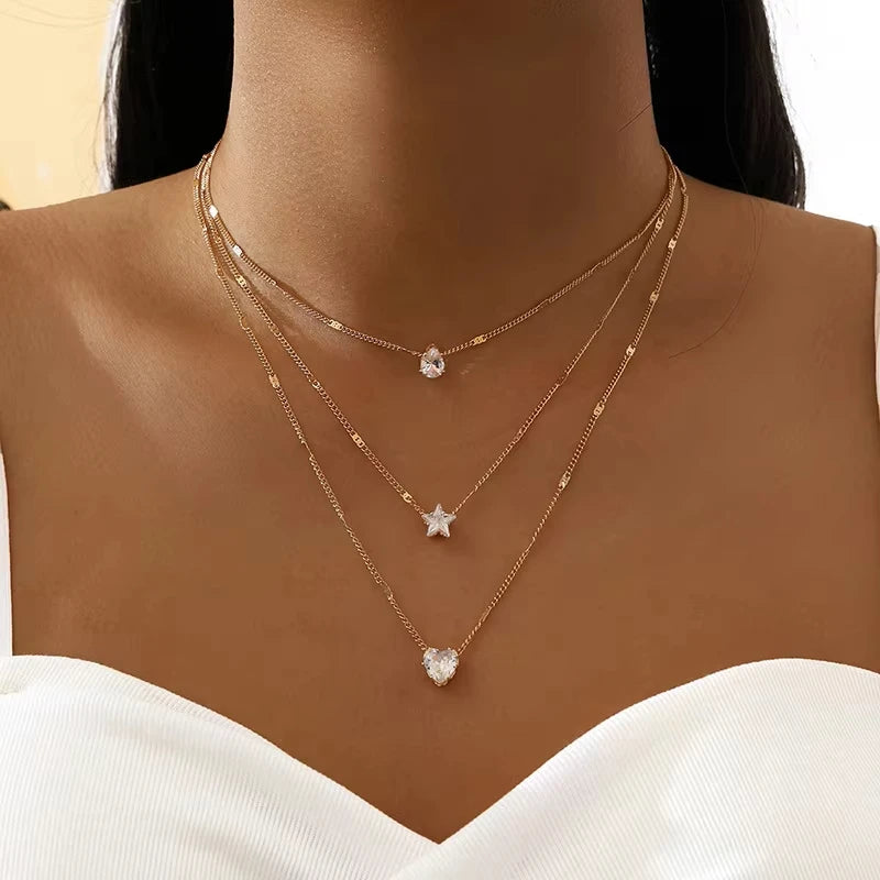 Women's Zircon Pendant Necklace, Multi-layer Chain, Choker, Fashionable, Shiny, Party Jewelry, Gift