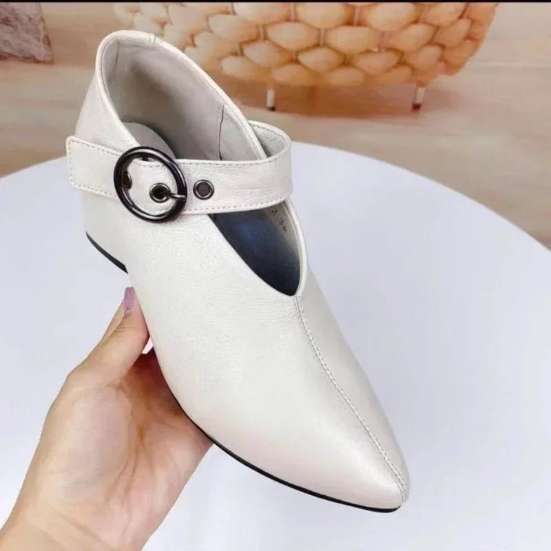 Zapatos de mujer de punta fina y tacón grueso, zapatos retro con hebilla, negros, de tacón alto, nueva colección 2024