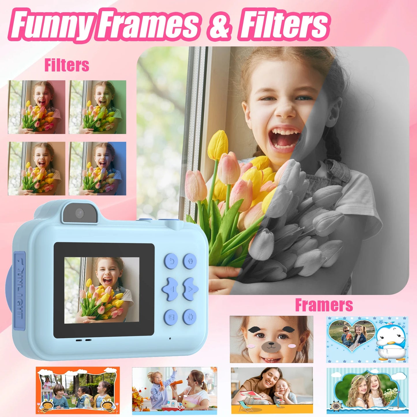 Kids Digital Camera, Instant Print, Dual Lens, 1080P HD Video Recording, 32G, for Boys and Girls, Christmas Gifts, Toys