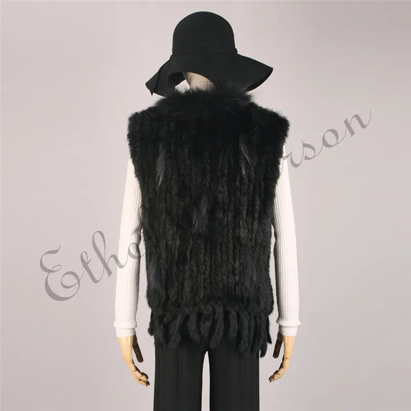 Gilet à glands en véritable fourrure de lapin tricoté — vintage, garniture fourrure raton laveur