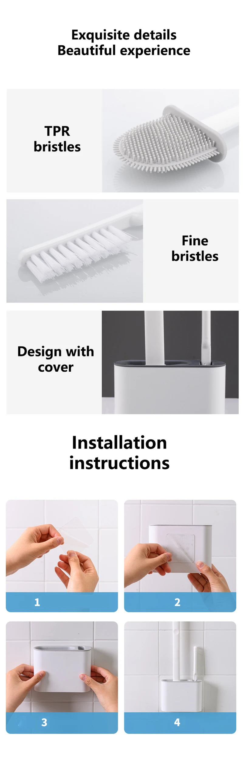 Brosse de toilette murale avec support, brosse de toilette en silicone à long manche, poils souples, accessoires pour livres et WC