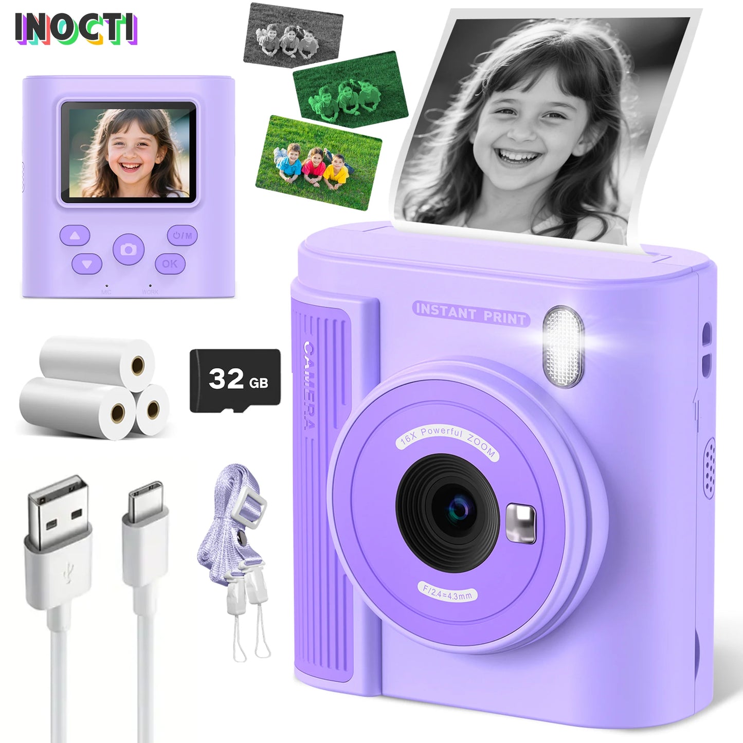 Appareil photo numérique avec impression pour enfants — 3 papiers d'impression, carte 32G, cadeau filles et garçons