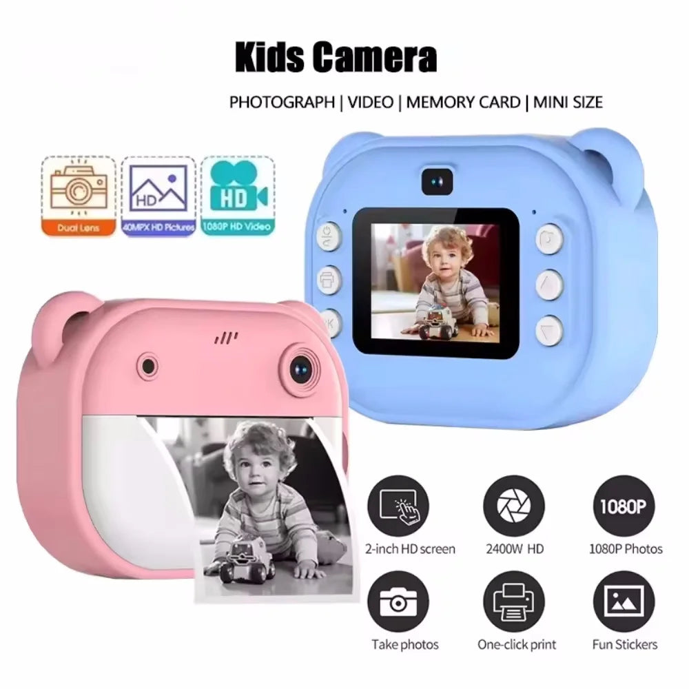 Instant camera for children, mini digital video camera for children, 1080P screen, thermal paper printing + 32G memory card
