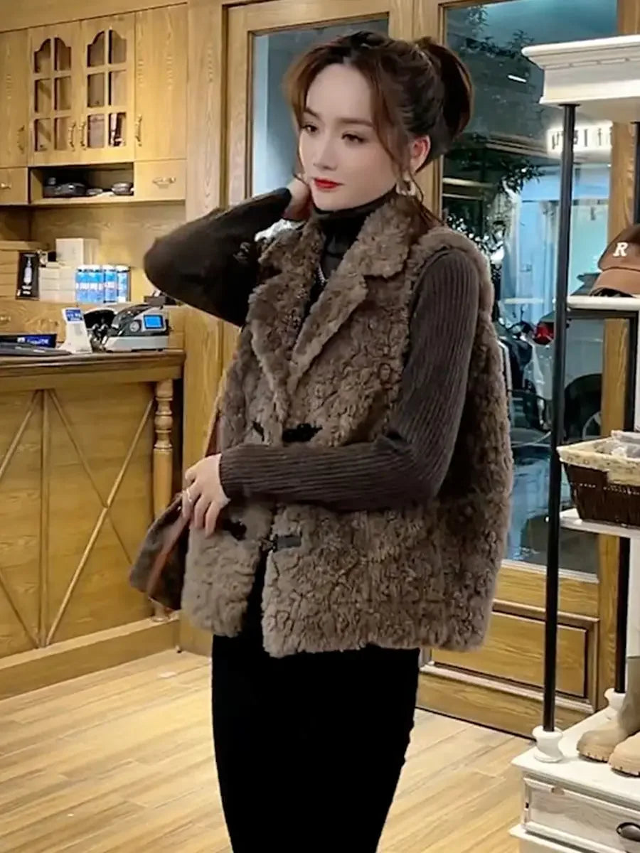 Gilet en agneau peluche pour femmes kaki — sans manches, décontracté, automne, mode 2025