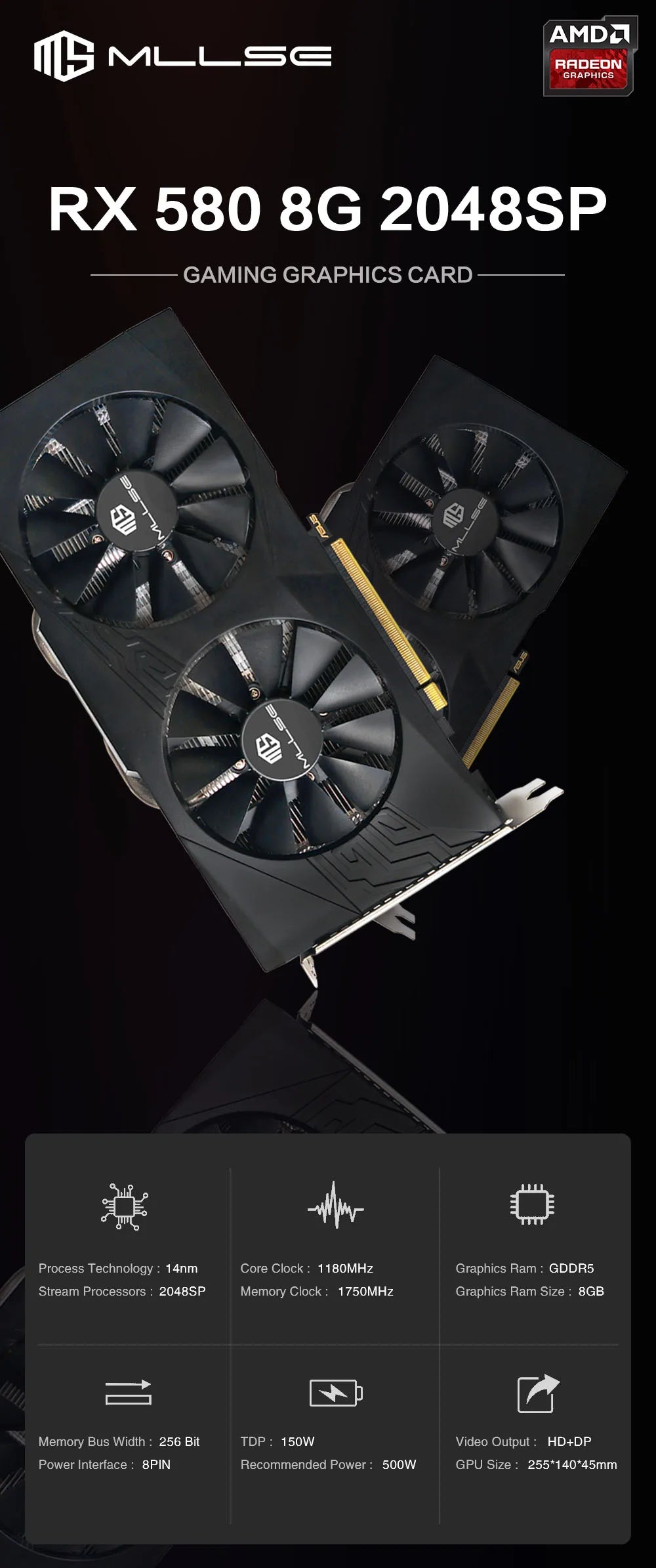 MLLSE AMD RX 580 8GB 2048SP carte graphique De jeu GDDR5 256Bit PCI-E 3.0 × 16 8Pin Radeon GPU Rx 580 carte vidéo Placa De vidéo