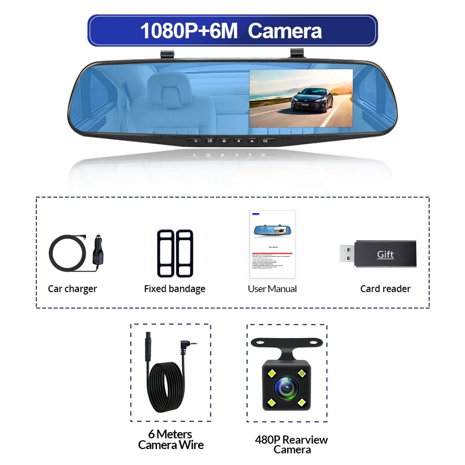 Prada-Dash Cam with Rearview Mirror, Car Video Recorder, Automatic Black Box, Night Vision Camera, Tourist Lens, DVR, 4.3 Inch, 1080P