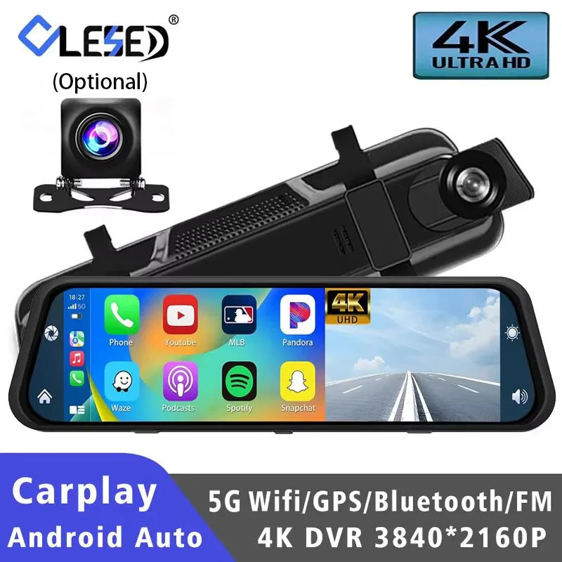 Dashcam 10" 4K GPS 5G WiFi — Rétroviseur Flux AUX Enregistreur FM