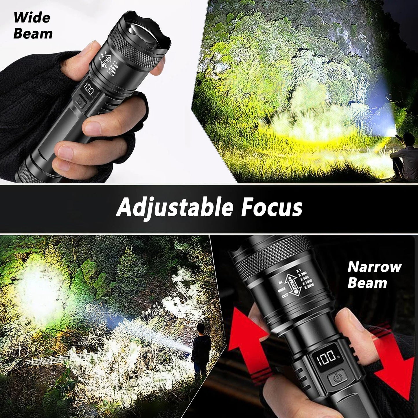 Lampe de poche LED Ultra lumineuse 2000LM type-c Rechargeable longue portée Zoom torche tactique extérieure d'urgence Camping pêche lanterne