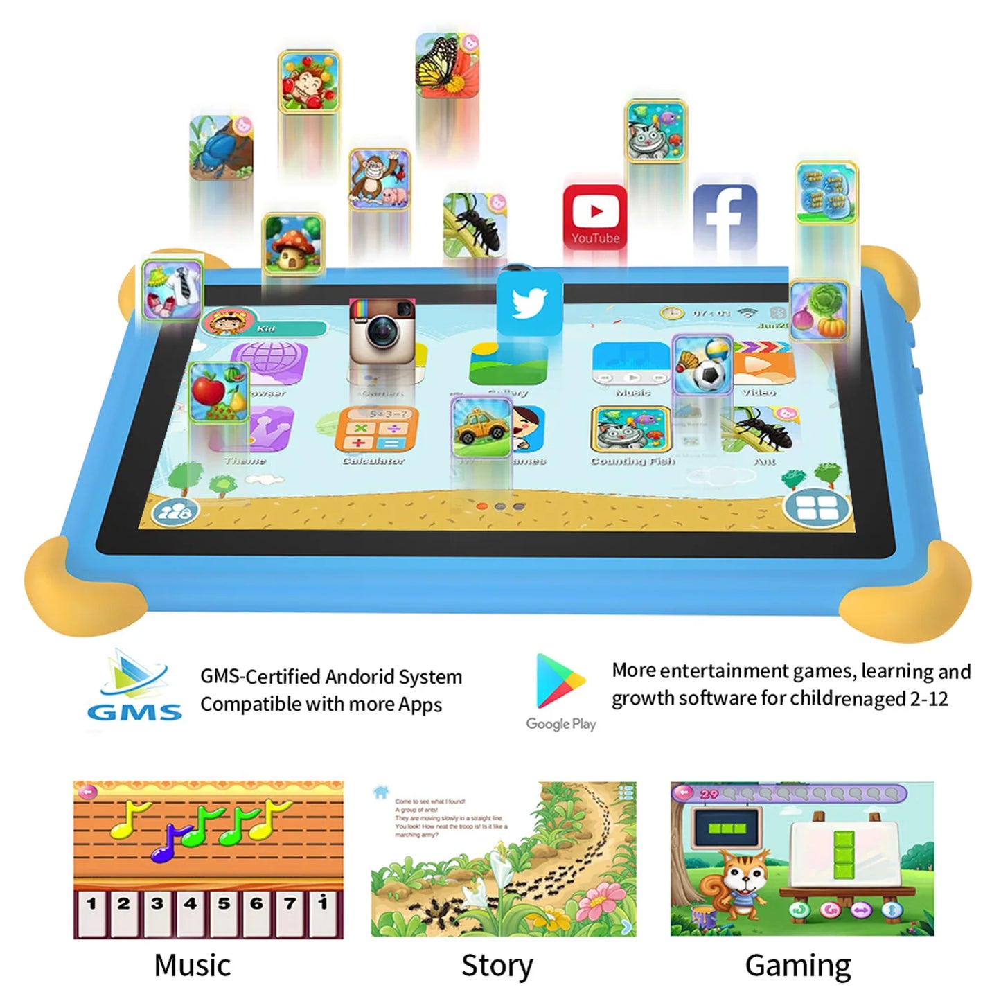 Tablette pour enfants de 7 pouces 5G avec motif de dessin animé, PC d'apprentissage et d'éducation Android avec étui à l'épreuve des enfants, tablette 4000mAh