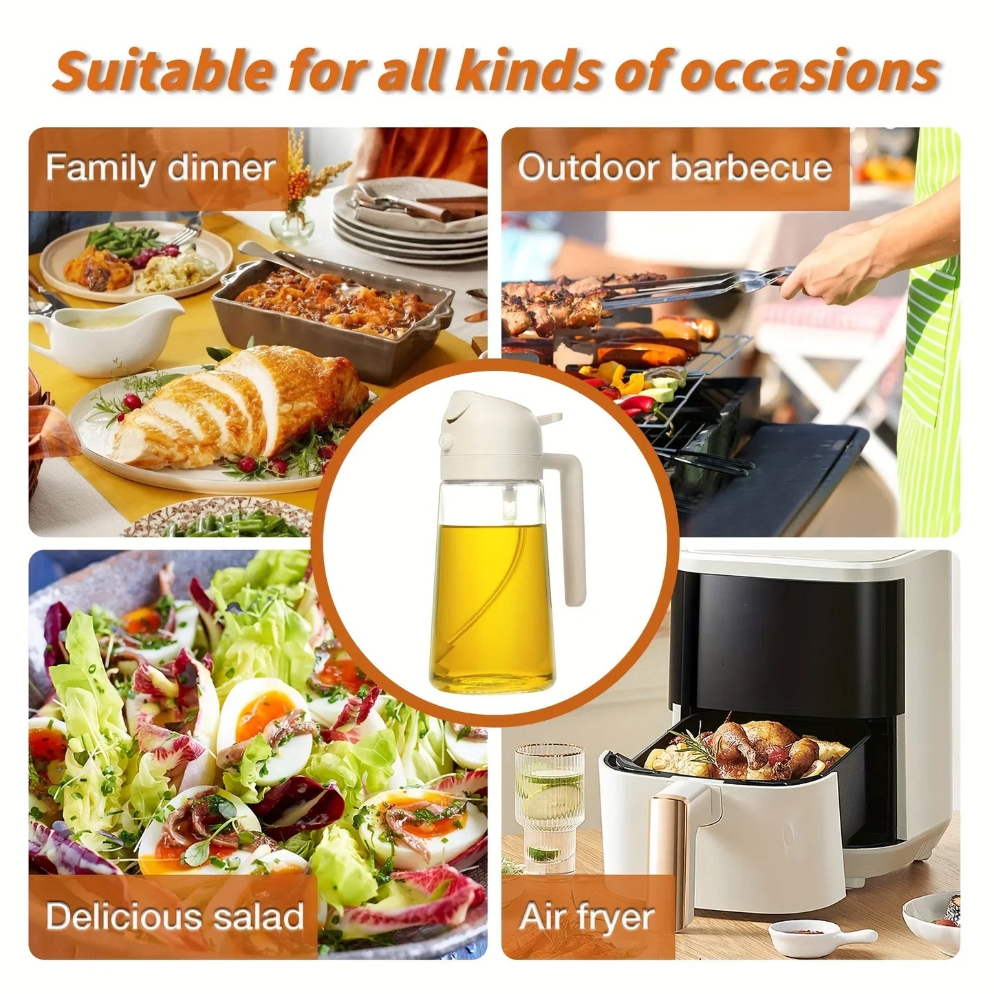 Pulvérisateur d'huile de cuisine en plastique 2 en 1, 500 ml, flacon pulvérisateur d'huile d'olive, distributeur d'huile pour barbecue, cuisson, rôtissage, pique-nique, outil de cuisine