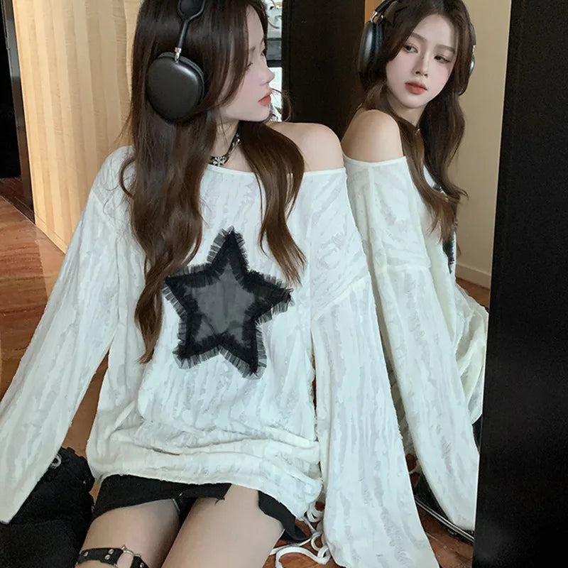 Liquidación_Harajuku Camisetas tops de moda estrella ahuecada manga larga coreana Kawaii Ropa Mujer Casual Y2k Camiseta ropa