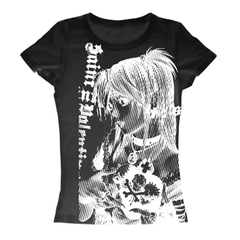 Y2K Anime Streetwear Round Neck 90s Text Print Tops Women Harajuku Clothing Simple Vintage Aesthetic Emo Casual Style T-shirt