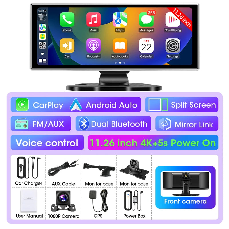 4K Car DVR Dash Cam 11.26" Dual Lens Wireless Carplay Android Auto Video Recorder GPS Navigation Monitor 5G Wifi FM AUX