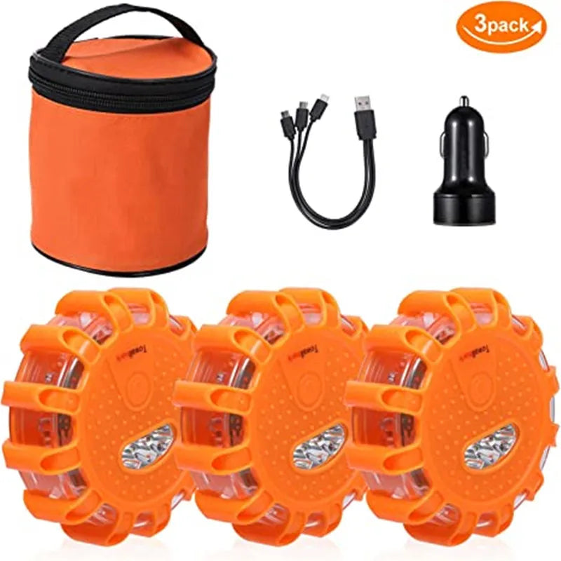 Paquet de 3 évasés de route LED clignotant voyant d'avertissement d'urgence USB Rechargeable aide Flash disque de sécurité en bord de route Base clignotante magnétique