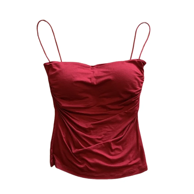 Débardeur plissé sans manches pour femme, coupe ajustée, style sexy, court, avec fines bretelles, couleur unie, simple et tendance