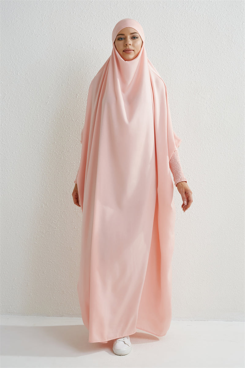 Abaya musulman à capuche manches smockées une pièce Robe de prière femmes Jilbab vêtements islamiques dubaï saoudien Robe noire modestie turque
