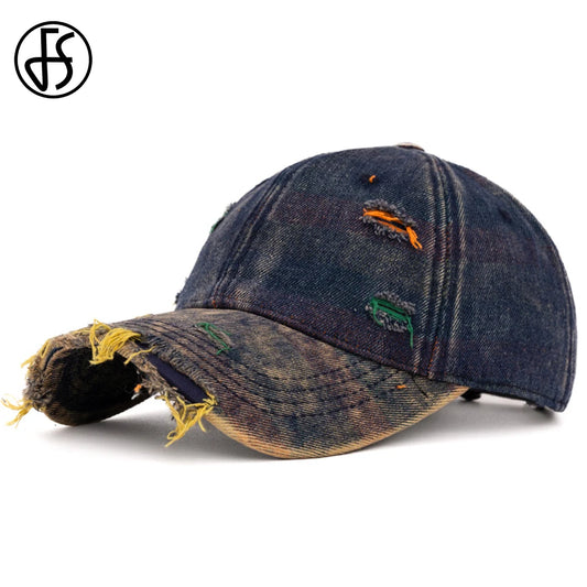 Casquette en jean colorée lavée vintage avec trous — baseball, streetwear, hip hop, hommes et femmes