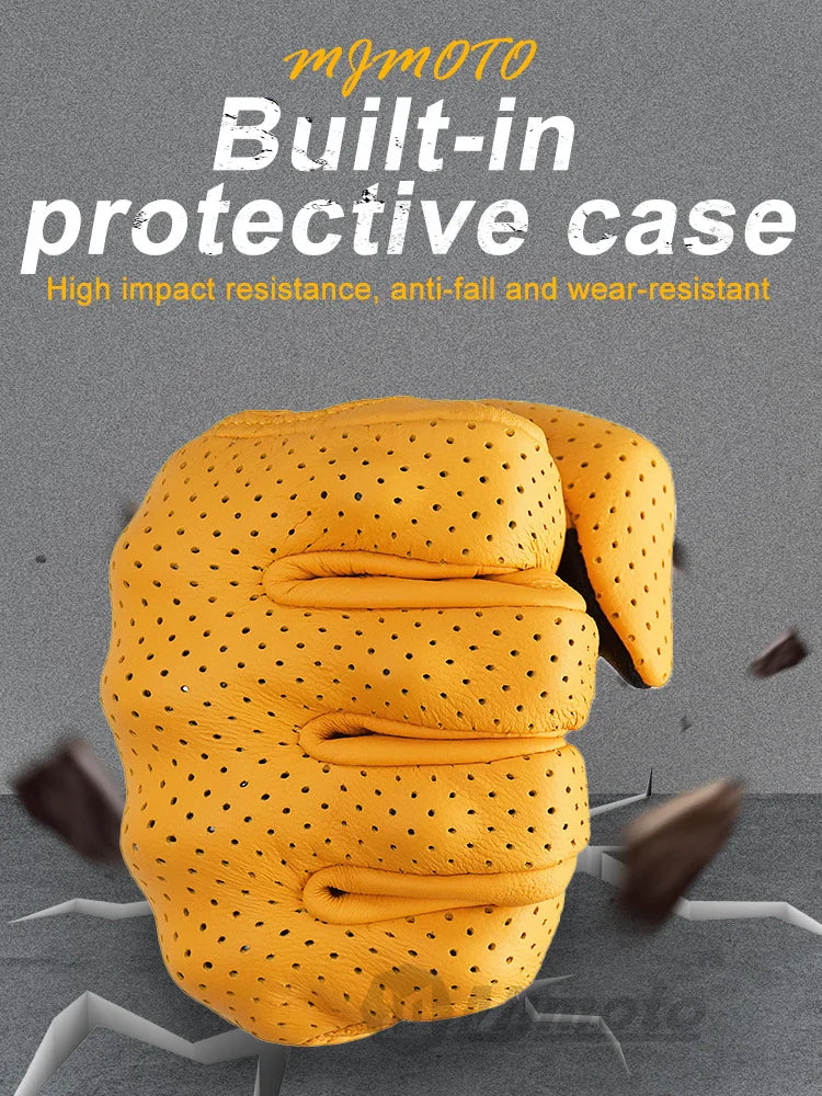 Gants de Moto Rétro en Cuir Jaune pour Homme et Femme, Accessoire Perforé et Respirant pour Course de Vélo, Écran Tactile, Motocross
